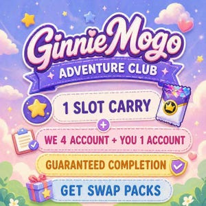 Op de afbeelding: Een Ginnie Mogo Adventure Club afbeelding met de tekst 1 SLOT CARRY, WE 4 ACCOUNT + YOU 1 ACCOUNT, GUARANTEED COMPLETION en GET SWAP PACKS. Het ontwerp bevat een paarse banner, een kroonicoon, een klembord en een geschenkdoos.