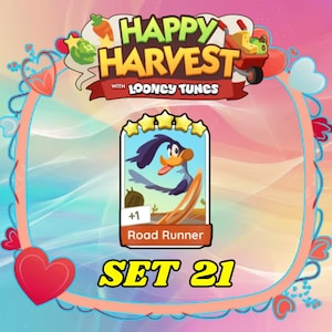 May include: A digital game card featuring the Road Runner character from Looney Tunes, marked with five yellow stars at the top and the text +1 Road Runner at the bottom. The card is set against a background with the text Happy Harvest with Looney Tunes and SET 21.