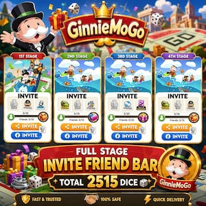 Op de afbeelding: Een promotionele afbeelding voor "GinnieMoGo" met een stripfiguur en game-interface-elementen. De afbeelding toont fasen met "Uitnodigen"-knoppen, dobbelstenen en geschenkdozen, met de tekst "Totaal 2515 Dobbelstenen."
