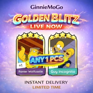 May include: A GinnieMoGo Golden Blitz promotional graphic featuring two five-star game cards. The left card displays Ranier Wolfcastle, and the right card displays Guy Incognito. Text includes GinnieMoGo, GOLDEN BLITZ LIVE NOW, ANY 1 PCS, +1, INSTANT DELIVERY, and LIMITED TIME.