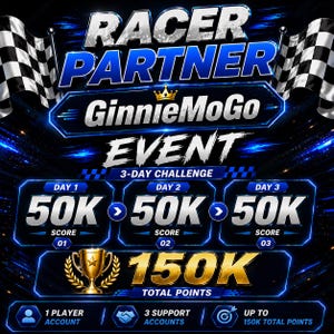 Op de afbeelding: Een digitale afbeelding voor het Racer Partner GinnieMoGo Event 3-Day Challenge. Het bevat tekst voor dag 1, 2 en 3 met scores van 50K, een doel van 150K totaalpunten met een gouden trofee-icoon, en details voor 1 spelersaccount en 3 support-accounts.