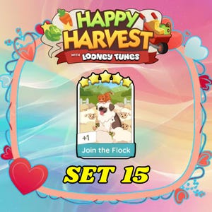 May include: A digital game card titled Join the Flock from Set 15 of Happy Harvest with Looney Tunes. The card features a white and brown dog surrounded by sheep with a small orange cat on its head, topped with five yellow stars and a +1 indicator.