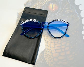 Gafas de sol con diamantes de imitación azules de Weirdo Swarm / Robot Stop / King Gizzard y el mago lagarto / KGLW / ¡Viene con estuche!