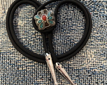 Turquoise chip inlay silver butterfly bolo tie