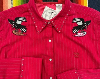 Womens Medium Long Sleeve Yee Haw Vulture Long Sleeve Embroidered Vintage Western Shirt Spooky Goth Gothic cowgirl Yeehaw