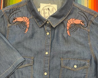 Womens Small Short Sleeve Shrimp Prawn Embroidered Western Shirt S