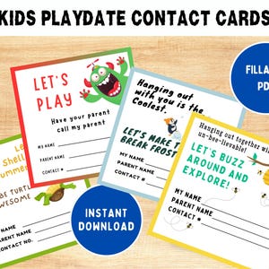 Bearbeitbare druckbare Kinder Playdate-Kontaktkarten, Kinder Playdate-Einladungen, Keep in Touch-Karten, Freundschaftskarten, Kinder-Visitenkarten