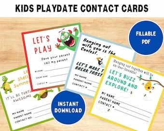 Tarjetas de contacto para citas de juegos infantiles editables e imprimibles, invitaciones para citas de juegos infantiles, tarjetas para mantenerse en contacto, tarjetas de amistad, tarjetas de presentación para niños