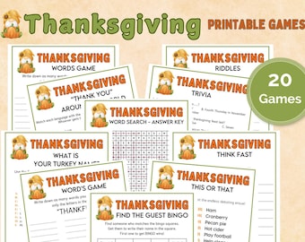Könnte beinhalten: Ein Set mit 20 druckbaren Thanksgiving-Spielen mit einer Gnome-Illustration. Die Spiele beinhalten Wortsuchen, Rätsel, Quiz, Bingo und mehr.
