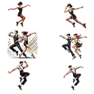 Könnte beinhalten: Eine Sammlung von sechs Illustrationen, die Paare in verschiedenen Posen beim Tanzen zeigen. Die Illustrationen sind im Vintage-Stil gehalten und zeigen eine Vielzahl von Kleidung und Frisuren.