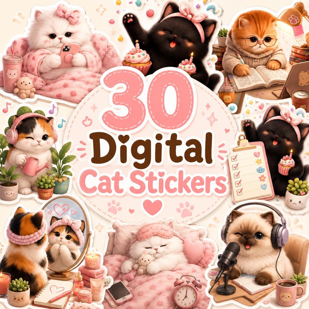 30 Cat Productivity Digital Stickers for Goodnotes, Social Media, Study ...
