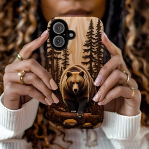 Wood Inlay Style Bear Print iPhone Case - Tough Cases, Woodland Phone Accessory, Nature Lover Gift, Eco-Friendly Cover, Fathers Day Gift