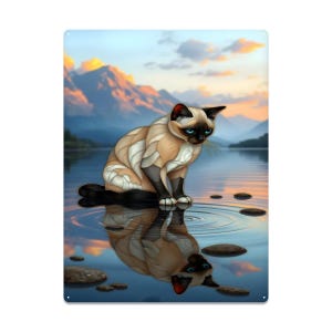 Siamese Cat Tin Sign Wall Art – Stained Glass Style Metal Decor – Mountain Lake Reflection Cat Artwork for Home or Porch 16&quot;x12&quot; (Vertical)