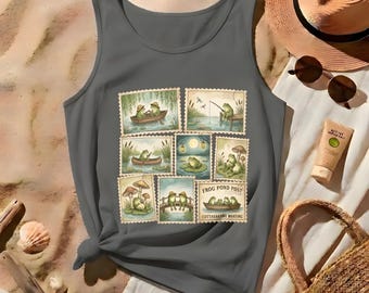 Vintage Frog Postage Stamp Collage Tank Top | Comfort Colors | Animal Pond Illustration