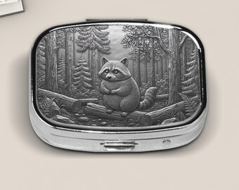 Woodland Raccoon Pill Box Faux Embossed Metal Forest Animal Design (PRINT) Nature Inspired  Cute Wildlife Gift