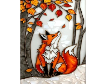 Puede incluir: Panel decorativo que representa un zorro mirando hacia arriba. El zorro es naranja con detalles blancos, sobre un fondo de hojas de otoño y árboles. La obra está enmarcada con un borde blanco.