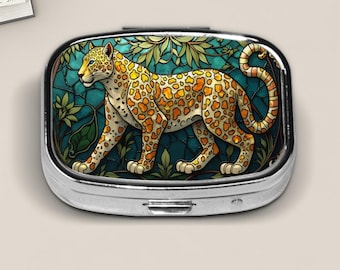 Stained Glass Style Leopard Pill Box – Vibrant Jungle Cat Mosaic Travel Pill Case – Wild Animal Lover Gift – Exotic Feline Pill Container