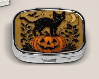 Halloween Black Cat Pill Box – Stained Glass Style Jack-o&#39;-Lantern Pocket Case – Cute Spooky Fall Travel Pill Organizer