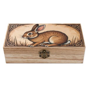 Woodland Rabbit Wooden Keepsake Box – Celtic Bunny Engraved Trinket Box – Nature-Inspired Jewelry Storage – Rustic Animal Lover Gift