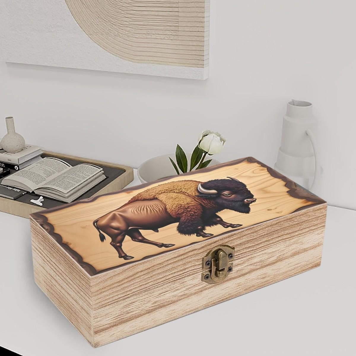 Wood Inlay Style Keepsake Box With Bison Illustration Rustic Western ...