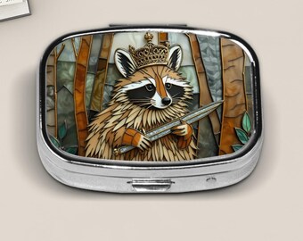 Royal Raccoon Warrior Pill Box – Stained Glass Style Forest King Design, Woodland Fantasy Pocket Pill Case
