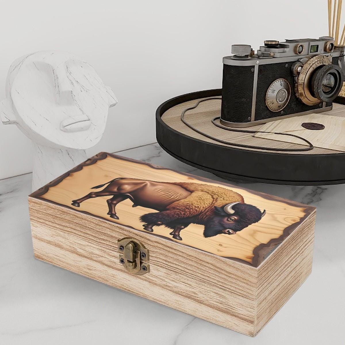 Wood Inlay Style Keepsake Box With Bison Illustration Rustic Western ...