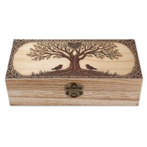 Celtic Tree of Life Wooden Keepsake Box – Love Birds  Jewelry Box, Rustic Nature-Inspired  Gift, Heart Knot Wood Burn Design Style