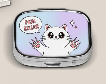 Cute "Pain Killer" Cat Pill Box – Kawaii Funny Cat with Claws – Pastel Pocket Pill Case for Medication or Vitamins
