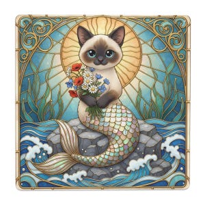 May include: A whimsical square image features a Siamese cat with a mermaid tail, holding a bouquet of flowers. The cat sits on a rock in front of a stained-glass background with blue and gold accents. The artwork has a fantasy theme.