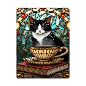 May include: A black and white cat with yellow eyes sits above a teacup filled with steaming coffee. The teacup and saucer are gold-colored and sit on top of a red book. The background is a stained-glass design with blue and green hues.