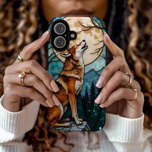Wolf Moon iPhone Case, Stained Glass Style Tough Nature Phone Cover, Forest Animal Accessory for Wildlife Lovers