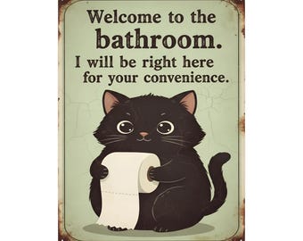 Funny Black Cat Bathroom Sign – Cute Vintage Tin Wall Art with Cat Holding Toilet Paper,  Cat Lover Gift 16"x12" (Vertical)