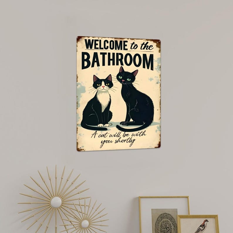 Funny Cat Bathroom Sign – Tin Wall Art With Two Black Cats – “welcome ...