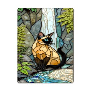 Stained Glass Style Siamese Cat by Waterfall Tin Sign Wall Art – Elegant Feline Nature Scene Home Décor 16&quot;x12&quot; (Vertical)
