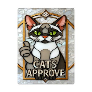 Siamese Cat Stained Glass Style Tin Sign – “Cats Approve” Funny Feline Wall Art for Cat Lovers 16&quot;x12&quot; (Vertical)