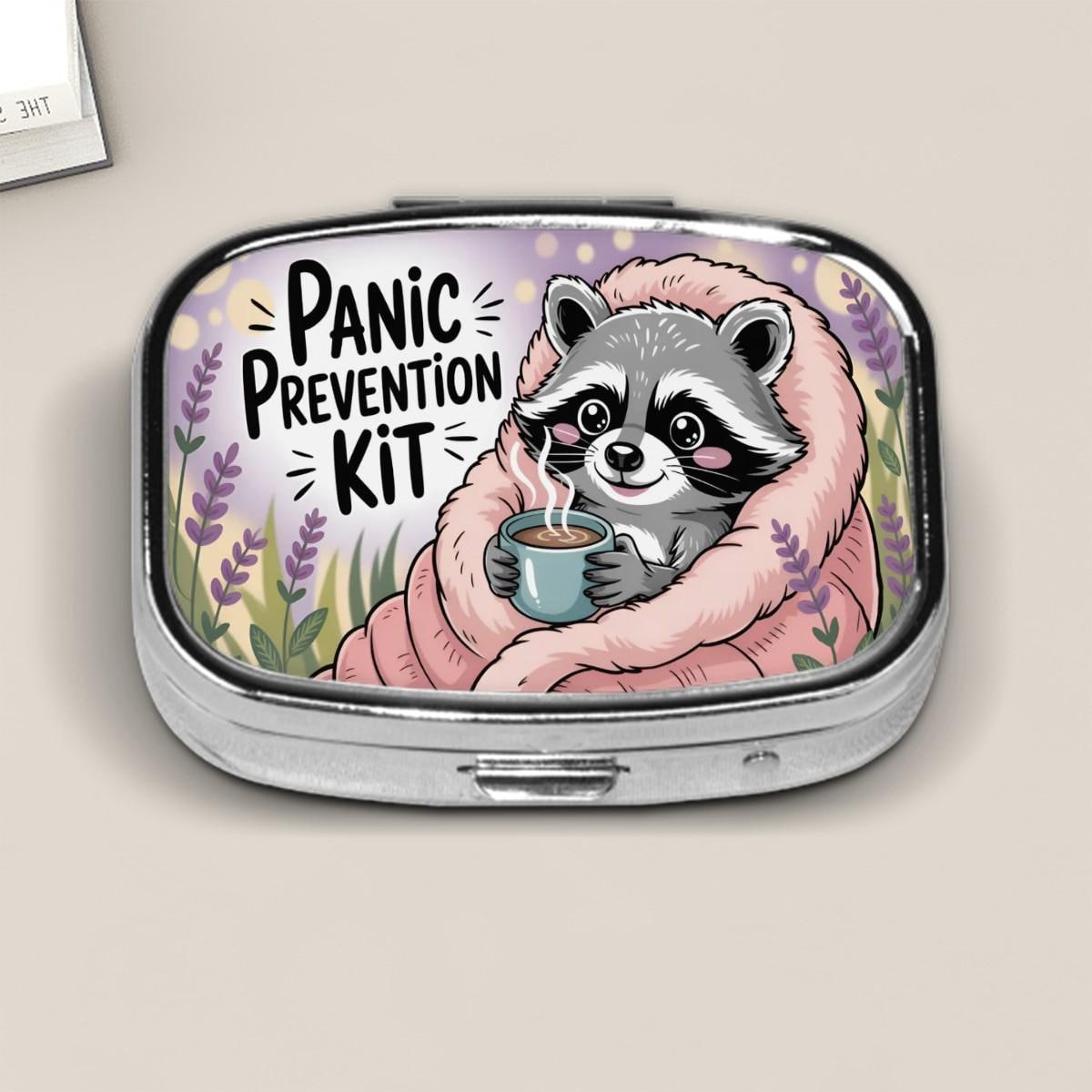 Panic Prevention Kit Pill Box – Cute Raccoon Anxiety Relief Case with Cozy Blanket & Tea – Funny Mental Health Gift – Travel Medicine Holder