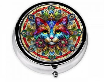 Colorful Bohemian Stained Glass Cat Pill Box - Colorful Artistic Medicine Case - Compact Travel Pill Holder for Cat Lovers