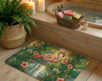 Tappetino da bagno coordinato con fenicotteri rosa e scena tropicale / Ispirato alle vetrate artistiche / Oasi di ibisco