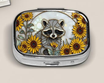 Cute Raccoon and Sunflowers Pill Box – Stained Glass Style Metal Travel Pill Case, Woodland Animal Pocket Organizer