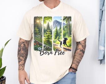 Kledinggeverfd T-shirt met natuurthema, Comfort Colors Born Free T-shirt, Black Lab Lover Gift, Outdoor Vibes-T-shirt, penseelstreekontwerp