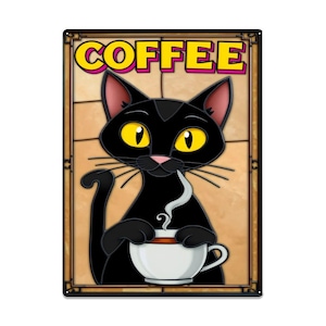 Black Cat Coffee Tin Sign – Cute Vintage-Style Kitchen Wall Art for Cat Lovers and Coffee Enthusiasts 16&quot;x12&quot; (Vertical)