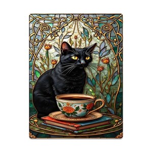 May include: A black cat with yellow eyes sits near a teacup filled with coffee, resting on a stack of books. The teacup and saucer have a floral design. The background features a stained-glass style design with gold accents and floral elements.