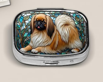 Pekingese Dog Pill Box – Stained Glass Style Abalone-Inspired Travel Case – Elegant Purse Organizer for Dog Lovers and Pet Owners
