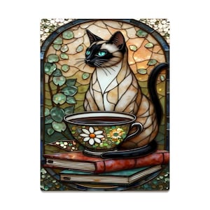 Stained Glass Style Siamese Cat Tin Sign – Vintage Floral Teacup, Books Wall Art – Cozy Cottagecore Kitchen  16&quot;x12&quot; (Vertical)