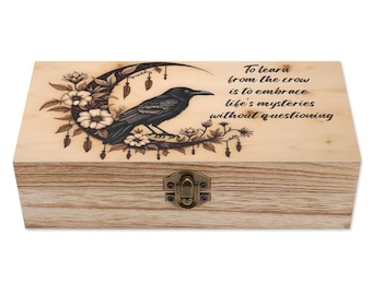 Mystical Crow Wooden Keepsake Box – Floral Crescent Moon Pyrography Style Design  Inspirational Quote – Raven Jewelry Box