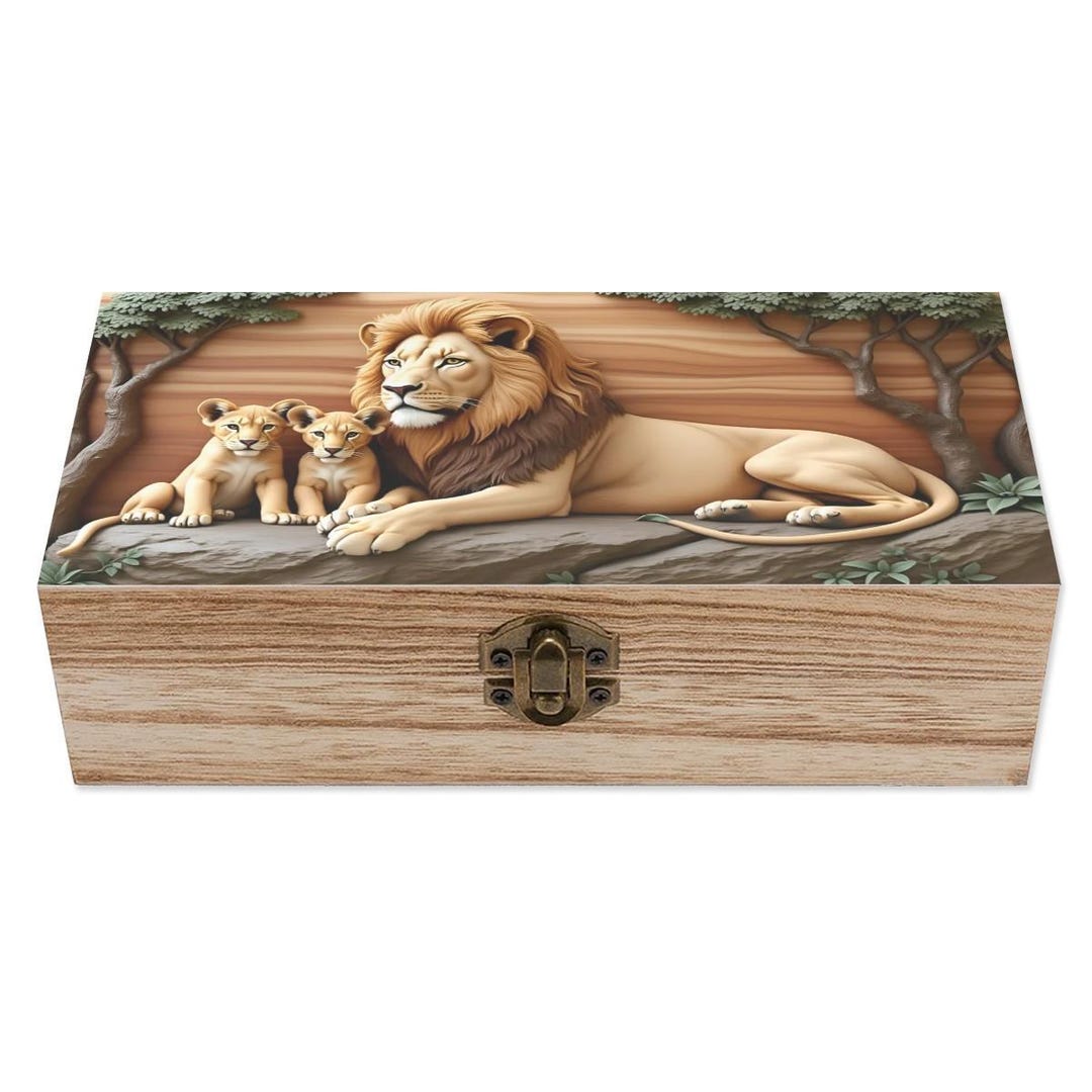 Lion Family Keepsake Box – Wooden Storage Box With Lion and Cubs ...