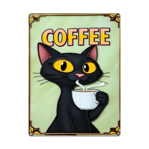 Black Cat Coffee Tin Sign – Cute Vintage Kitchen Wall Art for Cat Lovers and Coffee Enthusiasts 16&quot;x12&quot; (Vertical)