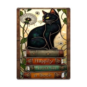 May include: A decorative metal sign featuring a black cat sitting atop a stack of books. The sign has a stained-glass effect with a dandelion and the text "Happily Lost in a Book". The cat has yellow eyes and a red nose.