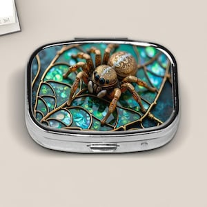 Jumping Spider Pill Box – Stained Glass and Abalone Style Style Design with Gold Details –  Insect Travel Pill Case  Creepy Cute Trinket Box