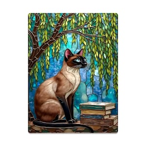Stained Glass Style  Siamese Cat Tin Sign – Whimsical Cat and Books Wall Art, Literary Feline Decor, Cottagecore  Gift16&quot;x12&quot; (Vertical)